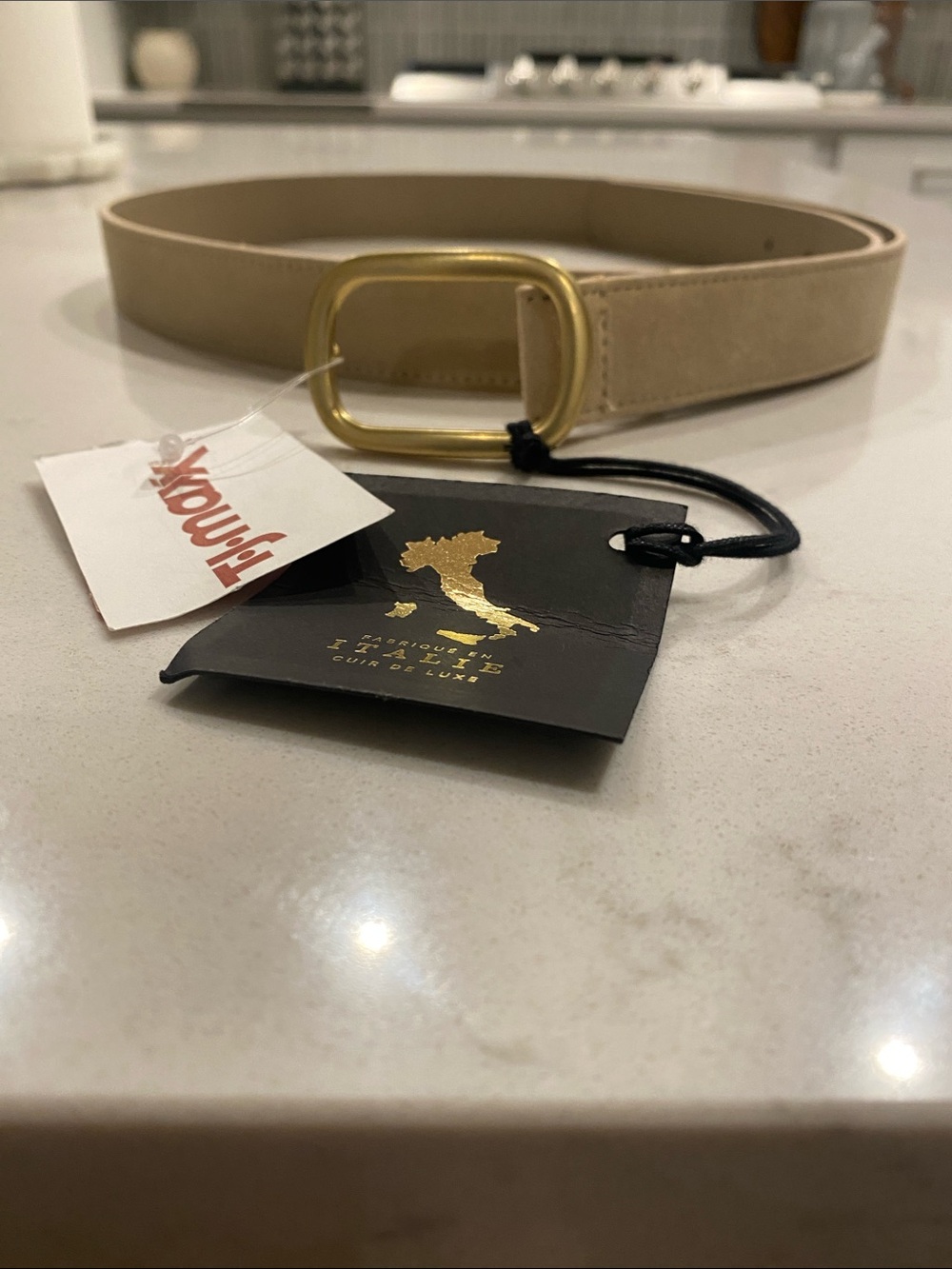 Beige Suede Belt with Gold Oval Buckle